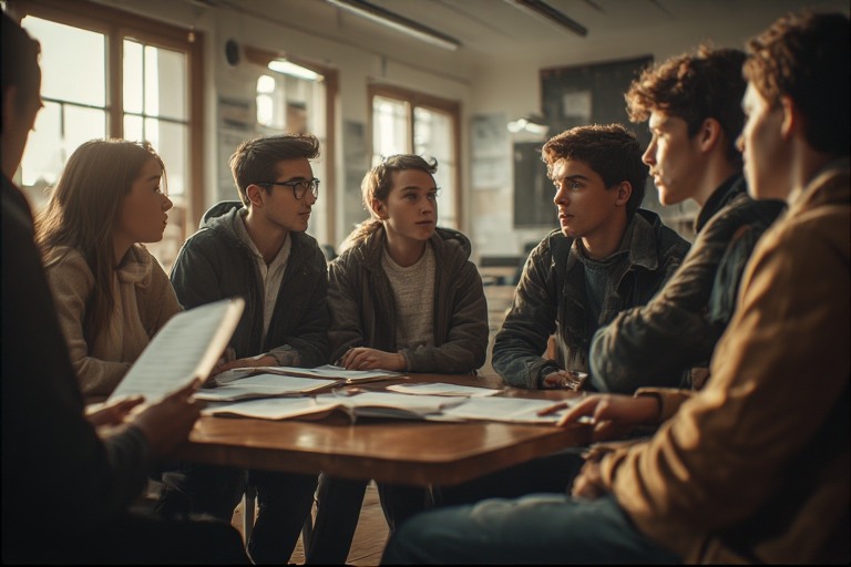 Happy students with medals and books